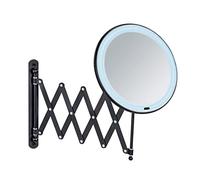 WENKO Espejo cosmético de pared telescópico con LED Barona, espejo cosmético con iluminación LED y 5 aumentos, interruptor de encendido/apagado táctil, funcionamiento con pilas o cable USB, negro