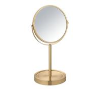 WENKO Espejo de pie Alata Dorado Mate, Espejo cosmético con 3 aumentos, orientable, con Estante, diámetro de 17 cm
