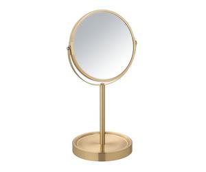 WENKO Espejo de pie Alata Dorado Mate, Espejo cosmético con 3 aumentos, orientable, con Estante, diámetro de 17 cm