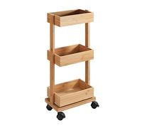 WENKO Estantería «Tortona», estante rodante con 3 repisas, armario de baño de bambú, carrito de baño, carro con ruedas para el baño, 18 x 71,5 x 31 cm, natural