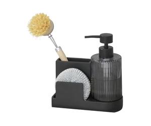 WENKO Organizador Fregadero Mod, Pina Elegante Organizador Cocina y baño con dosificador jabón extraíble poliresina Vidrio 16x17x7.5 cm Negro