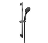 WENKO Set de ducha Young, barra de ducha de acero inoxidable con moderno cabezal con 5 tipos de chorro y flexo de ducha, apto para calentadores de agua, conexión universal de ½", 66 cm, negro mate