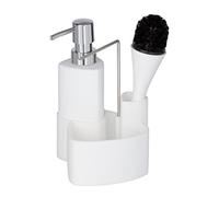 WENKO Set lavavajillas Empire, 4 en 1 - dispensador, cepillo, soporte para paños de cocina y organizador, cerámica de calidad con superficie suave al tacto, 250 ml, 11 x 19 x 12,5 cm, blanco