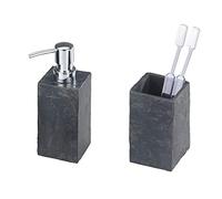Wenko Slate Rock Dosificador Jabón 0.25 L, Poliresina, Antracita, 5.9X8.2X17 Cm + Vaso De Dientes Slate Rock - Efecto Piedra, Poliresina, 6.4 X 10.5 X 6.4 Cm, Antracita