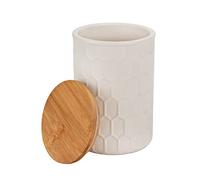 WENKO Tarro de almacenamiento Maya de cerámica blanca de calidad con estructura de panal, tarro apto para el lavavajillas con tapa hermética de bambú, certificado FSC®, 900 ml, Ø 11 x 16 cm