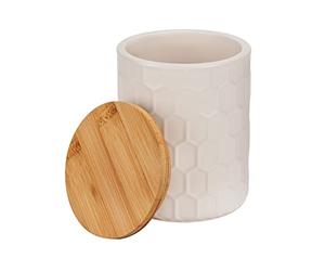 WENKO Tarro de almacenamiento Maya de cerámica blanca de calidad con estructura de panal, tarro apto para el lavavajillas con tapa hermética de bambú, certificado FSC®, 400 ml, Ø 9,5 x 12 cm