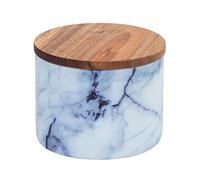 WENKO Tarro de almacenamiento Mio, tarro de vidrio de borosilicato con aspecto de mármol en color azul/blanco, con tapa hermética de madera de acacia marrón certificada FSC®, 0,5 L, Ø 11 x 8,5 cm