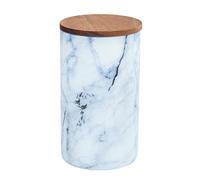 WENKO Tarro de almacenamiento Mio, tarro de vidrio de borosilicato con aspecto de mármol en color azul/blanco, con tapa hermética de madera de acacia marrón certificada FSC®, 1,4 L, Ø 11 x 19 cm