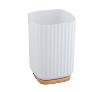 WENKO Vaso para el cepillo de dientes Rotello, portacepillos de plástico py base de bambú, para guardar utensilios, estructura acanalada de fácil sujeción, Ø 8,6 x 11,1 cm, blanco/natural