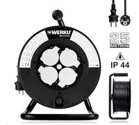Werku WK403360, Enrollacables Alargador, Calidad Profesional, 25 Metros, MAX 3200 W, Protección IP44, 4 Tomas, Cable H05RR-F 3G 1.5 MM/2, Protección contra Sobrecalentamiento