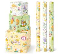 WERNNSAI Papel de regalo de Pascua en rollo - 3 rollos de 43 cm x 30,5 m Papel de regalo de Pascua para niños Papel de regalo de conejo de Pascua Papel de regalo de huevos de Pascua de color amarillo