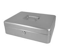 Westcott Caja de efectivo con cerradura (grande, 30 cm) plateada | Caja con cerradura de chapa de acero con 2 llaves | Inserto extraíble para monedas con 5 compartimentos | E-51002 SILVER