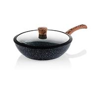 Westinghouse Wok Wood Marble Wok Wok 30 cm, 3 capas de mármol antiadherente, de aluminio forjado, apta para inducción, mango recubierto de silicona en aspecto de madera, apto para lavavajillas, negro