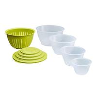 Westmark Juego de recipientes, 4 recipientes incl. tapas y colador, 9 piezas,Capacidad: 0,6/1,3/2,5/4,4 litros, De plástico, Sin BPA, Olympia, Color: transparente/verde, 2420226A