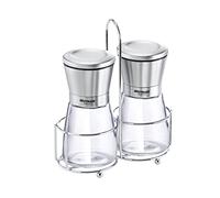 Westmark Menage 63362260 - Molinillo de especias (3 piezas, molinillo de sal y pimienta, soporte con asa, acero inoxidable/cristal/cerámica, acero inoxidable), color transparente, plateado y negro