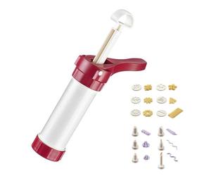 Westmark Prensa para pasteles y jeringa para adornar, con 6 discos para moldear y 6 boquillas para moldear, Capacidad de llenado: 225 ml, Plástico, Luxus, Blanco/rojo, 32302260