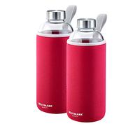 Westmark Set de botellas, 2 unidades, 2 botellas con estampado para bebidas, incl. 1 funda protectora cada una, 1000 ml, Vidrio/Silicona/Goma, Sin BPA, Viva, Rojo/Plateado/Transparente, 527422E7