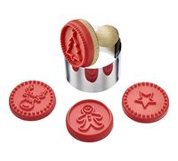 Westmark Set de sellos para galletas/moldes para cortar, 6 piezas con 4 motivos navideños, Ø aprox. 5 cm, Acero inoxidable/madera/silicona, Plateado/marrón claro/rojo, 30352260