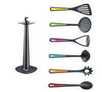 Westmark Utensilios de Cocina, Soporte giratorio con pasapurés, Cuchara, Cuchara para pasta, Cucharón sopero, Espumadera y Espátula, Multicolor, 7 piezas