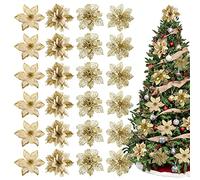 Whaline 24 flores de Pascua de Navidad con 24 clips, 4 diseños de flores artificiales doradas con purpurina, suministros de fiesta de invierno para árbol de Navidad, decoración de corona de cumpleaños