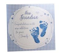 WHITE COTTON CARDS Tarjeta, código WB230, Azul con Mensaje New Grandson Congratulations on The New Addition to Your Family! Tarjeta para bebé Hecha a Mano.
