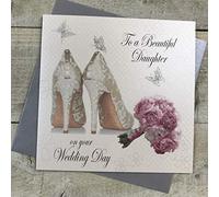 WHITE COTTON CARDS - Tarjeta de felicitación de Boda Día Hecha a Mano Tarjeta a una Hermosa Hija con Zapatos y Ramo de Flores, Color Blanco