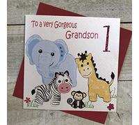 WHITE COTTON CARDS "to A Muy Gorgeous Nieto 1, Animales de Safari Hecho a Mano 1st Tarjeta de cumpleaños