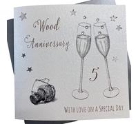 White Cotton Cards WA5-Tarjeta de felicitación de 5º Aniversario (Hecha a Mano), diseño de Copas de champán, Blanco, 16cm x 16cm