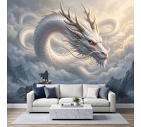 WHUOEUCO Papel pintado mural oriental dragón blanco 3D | Póster mural de pared no tejido de mago de la cumbre de la montaña, 500 x 280 cm, para salón, dormitorio, oficina en casa