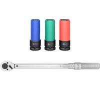 WIESEMANN, llave dinamométrica de 1/2" con insertos de ahorro de fuerza de 17 mm, 18 mm y 21 mm. Set I. Juego completo para vehículos, ideal para el cambio de neumáticos, con un rango de 42-210 Nm. In