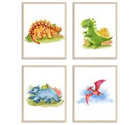 WIETRE® Set de 4 cuadros dinosaurios decoración habitación bebé | cuadro niño niña póster DIN A4 | Dinos T-Rex animales (sin marco)