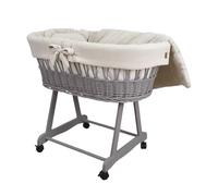 Wiklinopol Amelia Moisés de mimbre con estructura y colchón - Cesta para bebé en color gris - Juego de ropa de cama de muselina beige - Cesta de mimbre portátil, ideal para recién nacidos