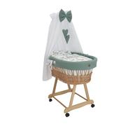 Wiklinopol - Cuna mecedora de mimbre con dosel y soporte Lena - Cesta para bebé en natural, juego completo con 5 piezas de ropa de cama tipo waffle ciervo caqui - Con ruedas, portátil, seguro