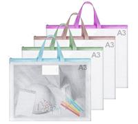 wiksite Paquete de 4 carpetas de malla EVA A3, impermeables, tamaño A3, bolsas de almacenamiento de plástico transparente con cremallera, carpeta de pintura con tarjetero para obras de arte, dibujos