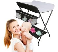 Willonin - Mesa cambiador plegable y portátil, 2 en 1, con cesta de almacenamiento, cinturón de seguridad, regulable en altura 79 x 55,5 x 96 cm, color negro y blanco