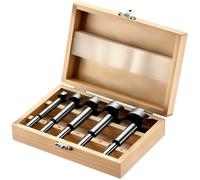 WilTec Juego de 5 brocas Forstner con maletín de madera - 15, 20, 25, 30, 35 mm - longitud 28 mm, Ø 8 mm - brocas de acabado en Acero