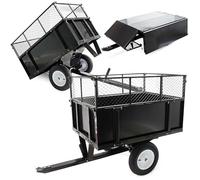 Remolque basculante Wiltec de 166,5 x 77,5 x 106 cm, con capacidad de 300 kg, diseñado para tractores de césped, con rejilla y paredes laterales desmontables. Remolque con función de basculación