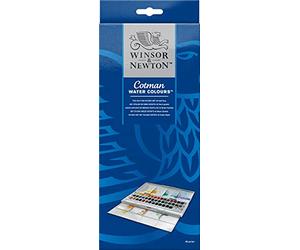 Winsor and Newton. Acuarela Cotman, set de estudio, 45 medias sartenes y 1 pincel redondo para acuarela Cotman