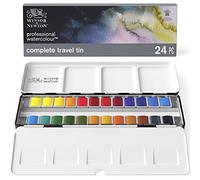 Winsor & Newton Acuarela profesional, Set de viaje completo, 24 medio godets de acuarela profesional, colores surtidos, para acuarelistas y pintura en acuarela