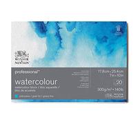 Winsor & Newton Papel de Acuarela Profesional, Grano Fino, 300gr, 100% Algodón, Blanco Natural, Libre de Ácidos, 17,8X25,4CM, Bloc Encolado en los 4 Lados, 20 Hojas