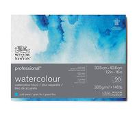 Winsor & Newton Papel de Acuarela Profesional, Grano Fino, 300gr, 100% Algodón, Blanco Natural, Libre de Ácidos, 30,5X40,6CM, Bloc Encolado en los 4 Lados, 20 Hojas