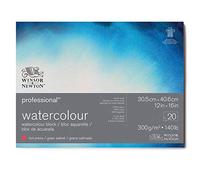 Winsor & Newton Papel de Acuarela Profesional, Grano Satinado, 300gr, 100% Algodón, Blanco Natural, Libre de Ácidos, 30,5X40,6CM, Bloc Encolado en los 4 Lados, 20 Hojas