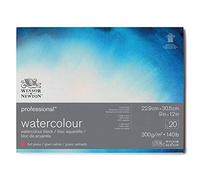 Winsor & Newton Papel de Acuarela Profesional, Grano Satinado, 300gr, 100% Algodón, Blanco Natural, Libre de Ácidos, 22,9X30,5CM, Bloc Encolado en los 4 Lados, 20 Hojas