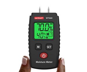 Wintact Medidor de humedad digital tipo pin, detector de fugas de agua, probador de humedad, tamaño de bolsillo con medición de temperatura ambiente para madera, paneles de yeso, carpintería