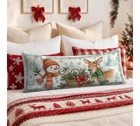 Winter Woodland Snow Man and Deer Body - Funda de almohada (50,8 x 137,16 | Funda de almohada lumbar con diseño de bosque de invierno, ilustración de ciervo, diseño de cesta de vacaciones