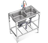 WIQUYBML Fregadero Comercial de 2 Compartimentos para Restaurante con Grifo y Estante de Almacenamiento, Lavabo Doble de 82 cm.
