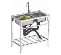 WIQUYBML Fregadero Comercial de Acero Inoxidable 304 de 2 Compartimentos, Independiente, con Grifo de Agua fría y Caliente, Fregadero para Cocina Exterior, Estilo Industrial para Garaje o l