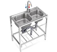 WIQUYBML Fregadero Comercial Independiente para Restaurante, 2 Compartimentos, Doble Lavabo, Acero Inoxidable con Grifo y Estante de Almacenamiento, 80 cm x 45 cm x 85 cm de Alto.