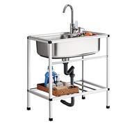 WIQUYBML Fregadero de Cocina Plateado de Acero Inoxidable, Independiente, de un Solo Seno, para Uso Comercial, en restaurantes y como lavamanos doméstico o Industrial, con Grifo Incluido.