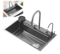WIQUYBML Fregadero de Cocina Tipo Cascada - Estación de Trabajo empotrable/bajo encimera Estilo Granja con Rejilla para Accesorios, Cesta coladora, Lavadora de Vasos a presión y Conjunto de